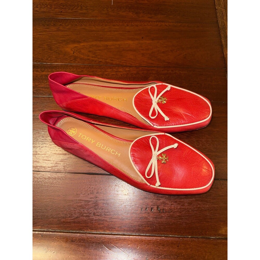 Tory Burch Tory Charm Red Leather Bow Loafer Flats Size 8.5